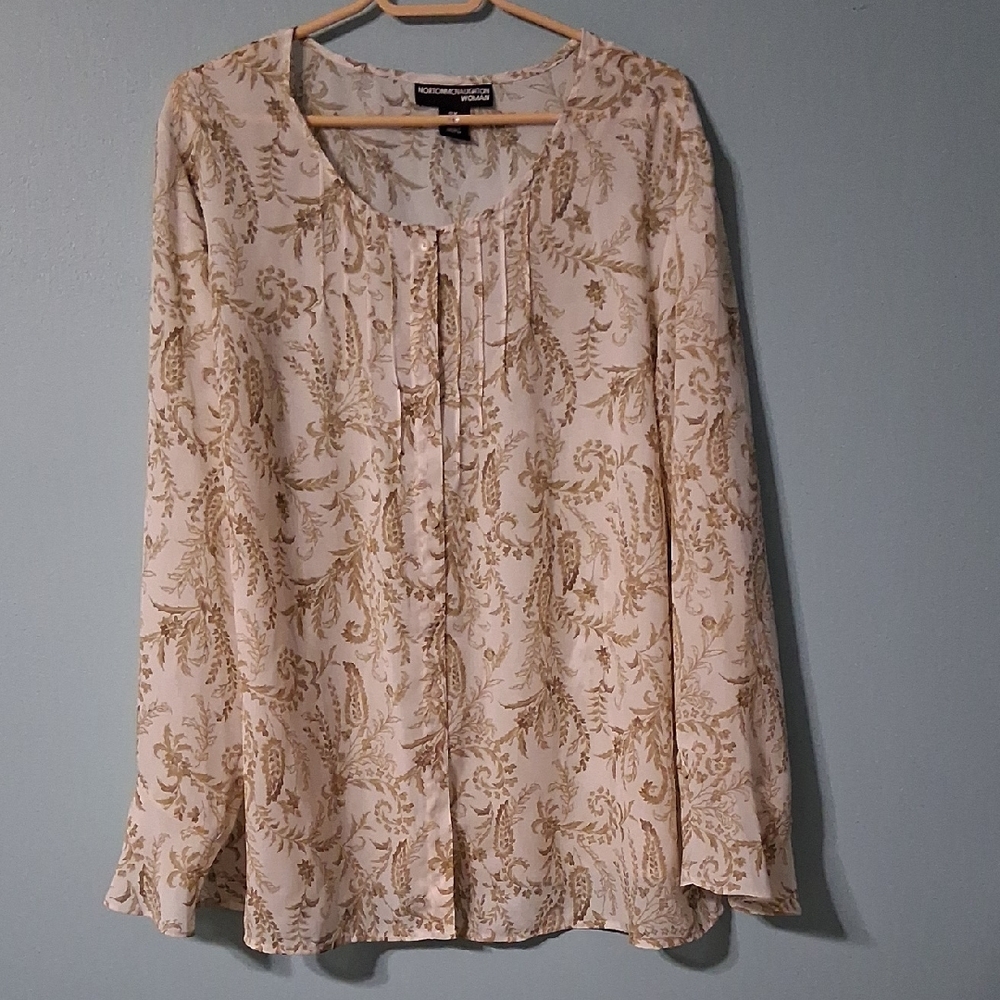 Norton McNaughton Cream and Gold Floral Blouse 2X